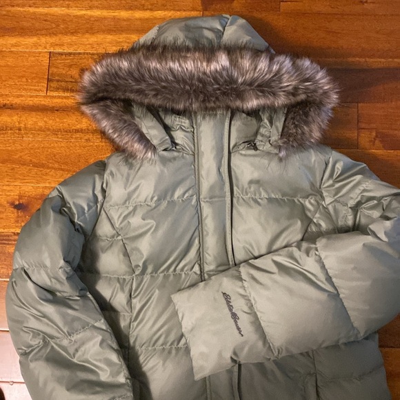 Women’s XL Down Eddie Bauer Sage Long Coat- Faux Fur Removable Hood-Worn Twice - Picture 2 of 12